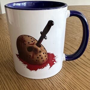 White and Navy Jason Voorhees hockey mask and machete Ceramic Coffee Mug